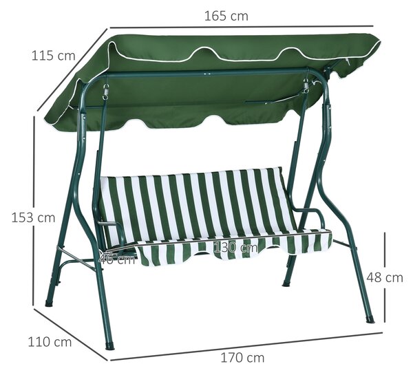 Outsunny Balansoar cu 3 Locuri cu Acoperiș Reglabil și Perne Tapițate, Leagăn de Grădină din Oțel și Poliester, 170x110x153 cm, Verde | Aosom Romania