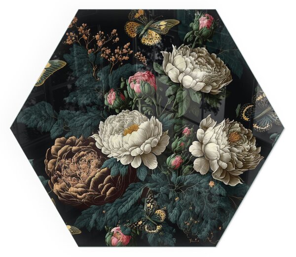Placă hexagonală din sticlă pentru șemineu Motiv floral cu fluturi