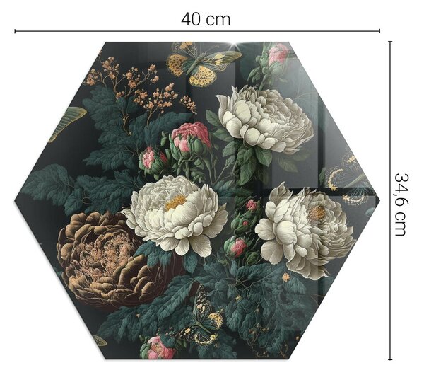 Placă hexagonală din sticlă pentru șemineu Motiv floral cu fluturi