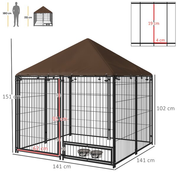 PawHut Gard pentru Câini din Metal cu Ușă pentru Boluri, Gard pentru Câini de Exterior cu Acoperiș, 141x141x151 cm, Negru și Maro