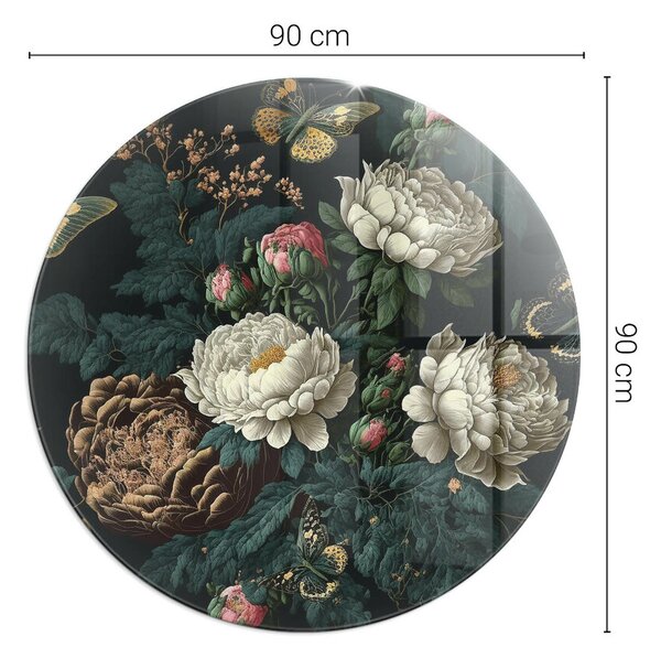 Placă rotundă din sticlă pentru șemineu Motiv floral cu fluturi