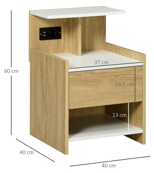 HOMCOM Noptieră Modernă cu Prize USB și Sertar, 40x40x60cm, Lemn Natural | Aosom Romania