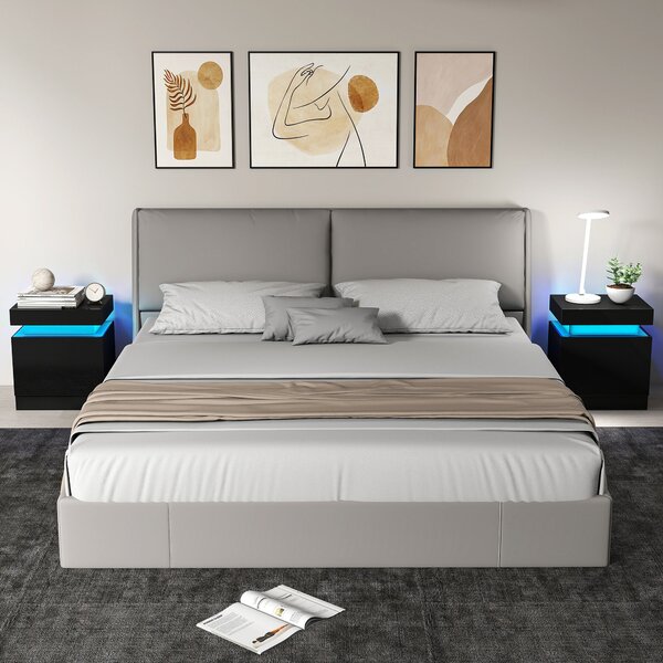 HOMCOM Set 2 Noptiere cu LED și 4 Moduri, 2 Sertare, Lemn, 45x35x52 cm, Negru Lucios | Aosom Romania