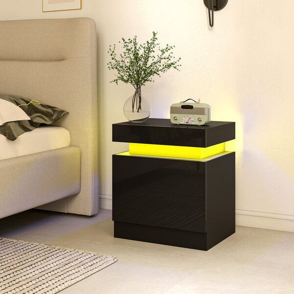 HOMCOM Set 2 Noptiere cu LED și 4 Moduri, 2 Sertare, Lemn, 45x35x52 cm, Negru Lucios | Aosom Romania