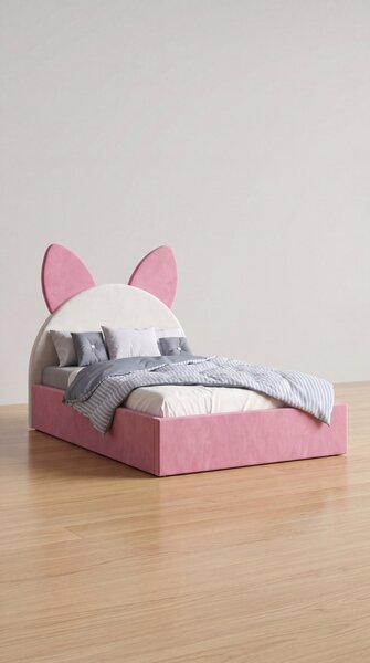 Set Mobila De Dormitor Kitty Roz, pat tapitat Roz Alb 90x200cm, dulap 150cm, 2 noptiere si saltea 90x200cm