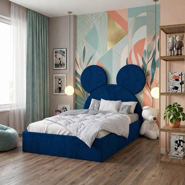 Set Mobila De Dormitor Micky Albastru, pat tapitat Albastru Alb 90x200cm, dulap 150cm, 2 noptiere si saltea 90x200cm