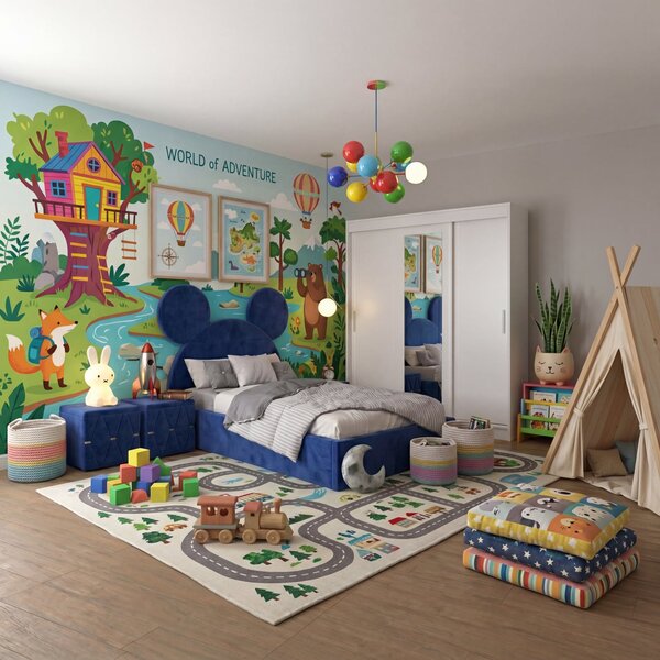 Set Mobila De Dormitor Micky Albastru, pat tapitat Albastru Alb 90x200cm, dulap 150cm, 2 noptiere si saltea 90x200cm