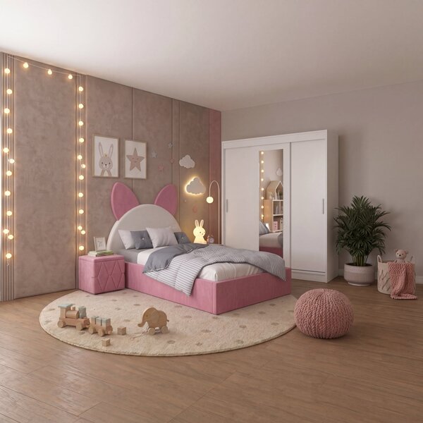 Set Mobila De Dormitor Kitty Roz, pat tapitat Roz Alb 90x200cm, dulap 150cm, 2 noptiere si saltea 90x200cm
