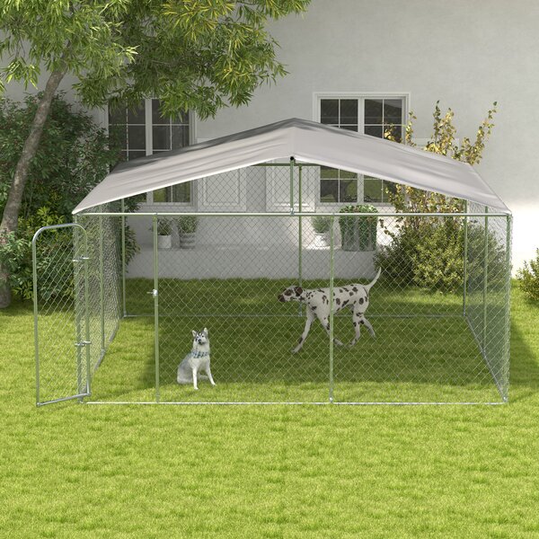 PawHut Țarc pentru Câini Talie Medie, Metal Galvanizat, Acoperiș Oxford, Ușă cu Zăvor, 400x230x232 cm, Argintiu | Aosom Romania