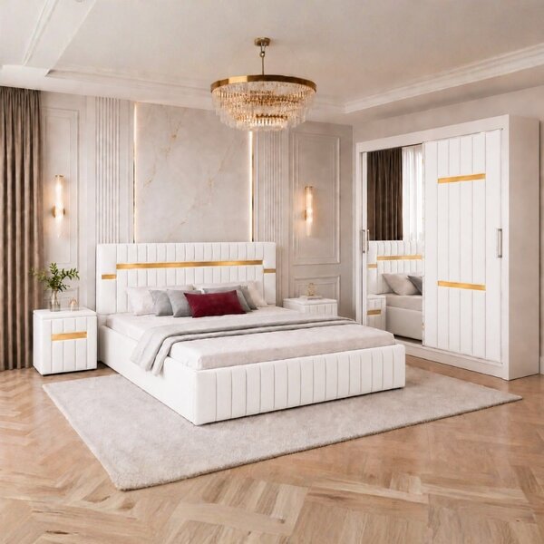 Set Mobila De Dormitor VELANTE Alb, pat tapitat 160x200cm, dulap 150cm, 2 noptiere si saltea 160x200cm
