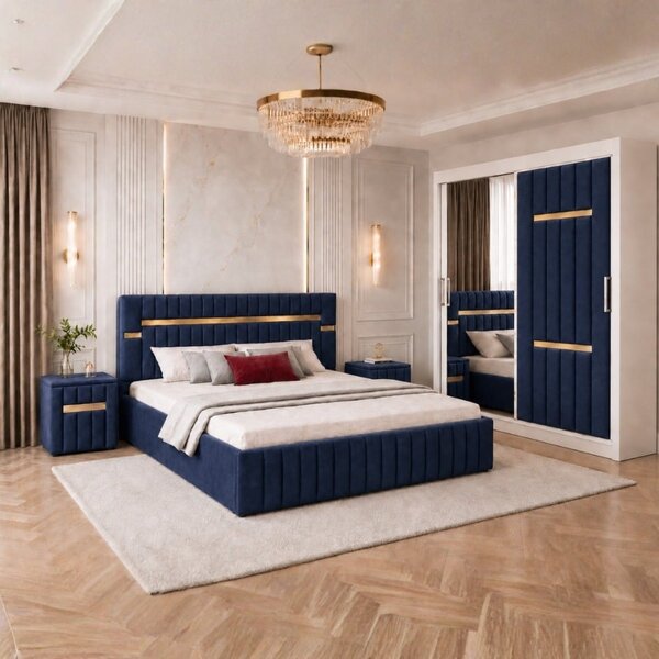 Set Mobila De Dormitor VELANTE Albastru, pat tapitat 160x200cm, dulap 150cm, 2 noptiere si saltea 160x200cm