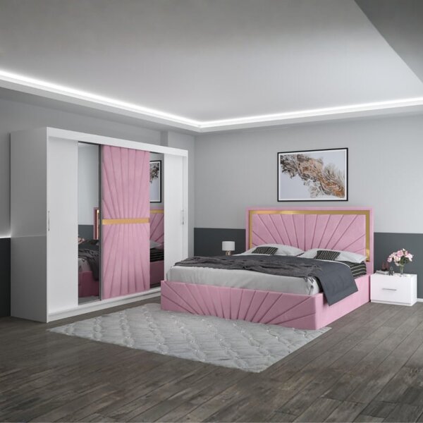 Set Mobila De Dormitor Nova Roz, pat tapitat 160x200cm, dulap 250cm, 2 noptiere si saltea 160x200cm