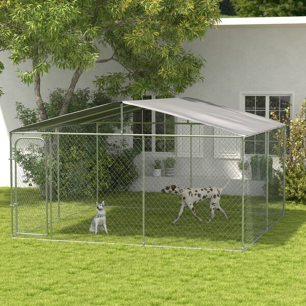 PawHut Țarc pentru Câini Talie Medie, Metal Galvanizat, Acoperiș Oxford, Ușă cu Zăvor, 400x230x232 cm, Argintiu | Aosom Romania
