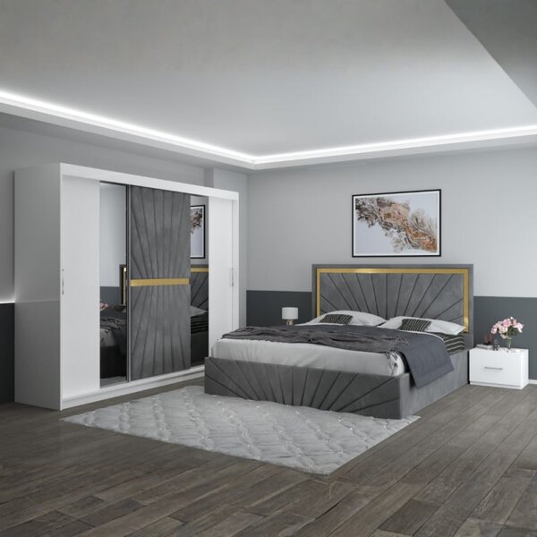 Set Mobila De Dormitor Nova Gri, pat tapitat 160x200cm, dulap 250cm, 2 noptiere si saltea 160x200cm