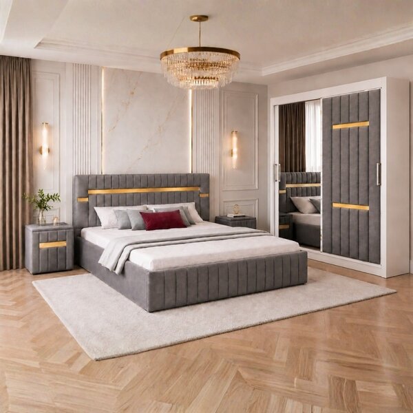 Set Mobila De Dormitor VELANTE Gri, pat tapitat 160x200cm, dulap 150cm, 2 noptiere si saltea 160x200cm