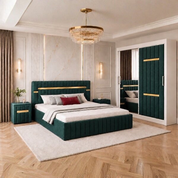 Set Mobila De Dormitor VELANTE Verde, pat tapitat 160x200cm, dulap 150cm, 2 noptiere si saltea 160x200cm
