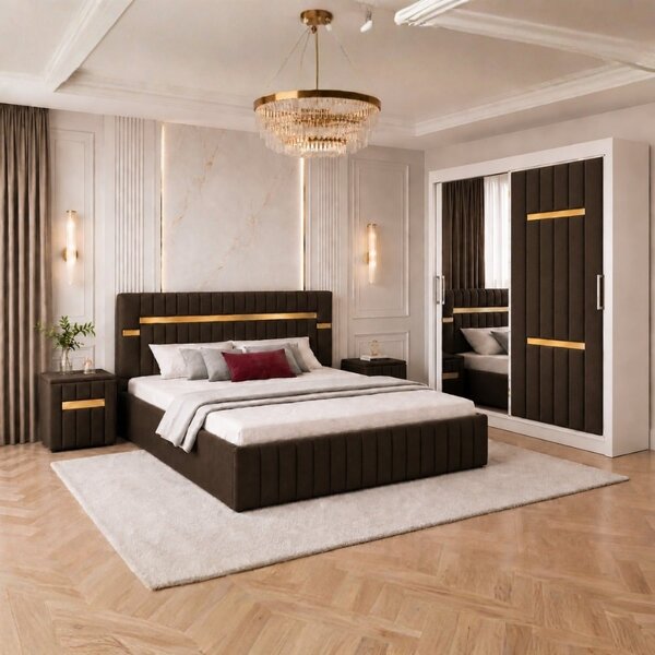 Set Mobila De Dormitor VELANTE Maro, pat tapitat 160x200cm, dulap 150cm, 2 noptiere si saltea 160x200cm