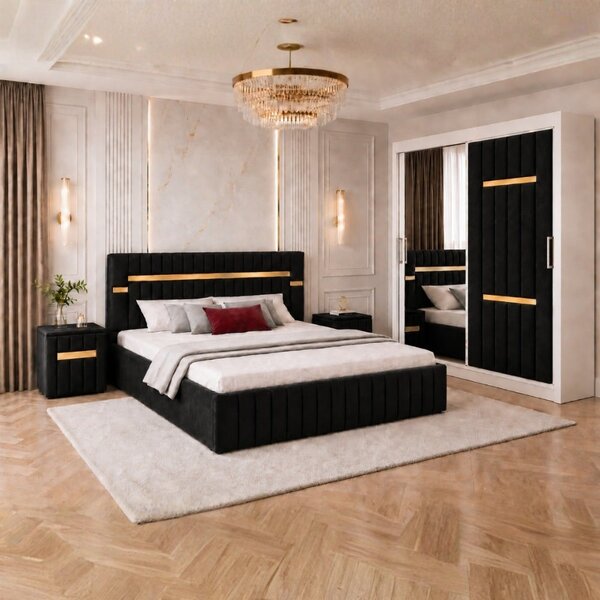 Set Mobila De Dormitor VELANTE Negru, pat tapitat 160x200cm, dulap 150cm, 2 noptiere si saltea 160x200cm