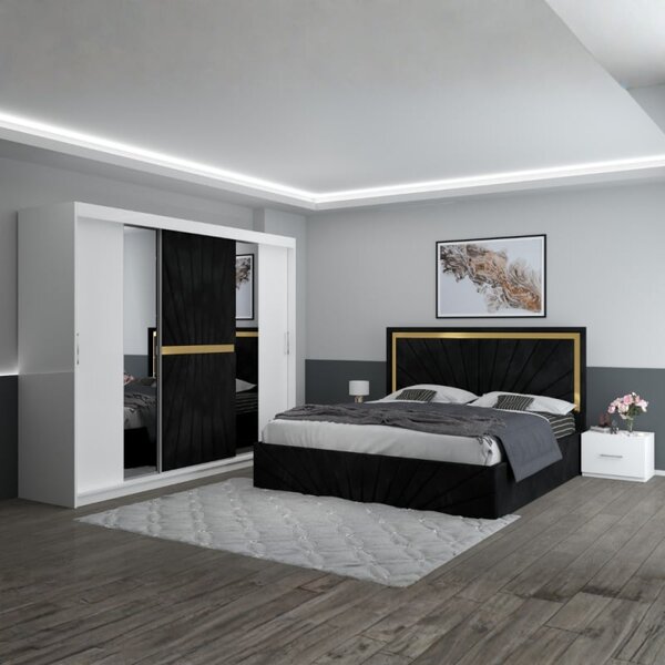 Set Mobila De Dormitor Nova Negru, pat tapitat 160x200cm, dulap 250cm, 2 noptiere si saltea 160x200cm