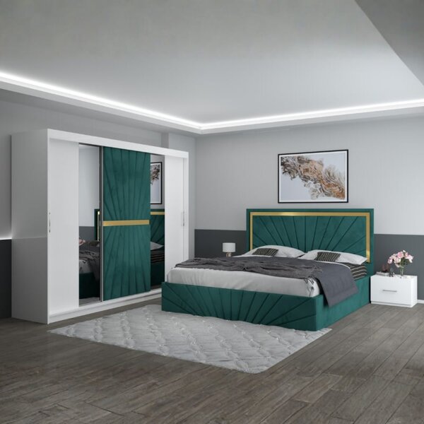Set Mobila De Dormitor Nova Verde, pat tapitat 160x200cm, dulap 250cm, 2 noptiere si saltea 160x200cm