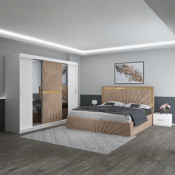 Set Mobila De Dormitor Nova Crem, pat tapitat 160x200cm, dulap 250cm, 2 noptiere si saltea 160x200cm