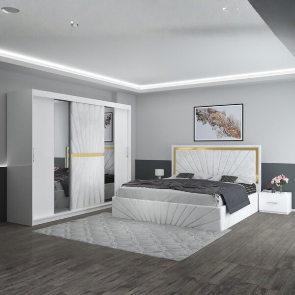 Set Mobila De Dormitor Nova Alb, pat tapitat 160x200cm, dulap 250cm, 2 noptiere si saltea 160x200cm
