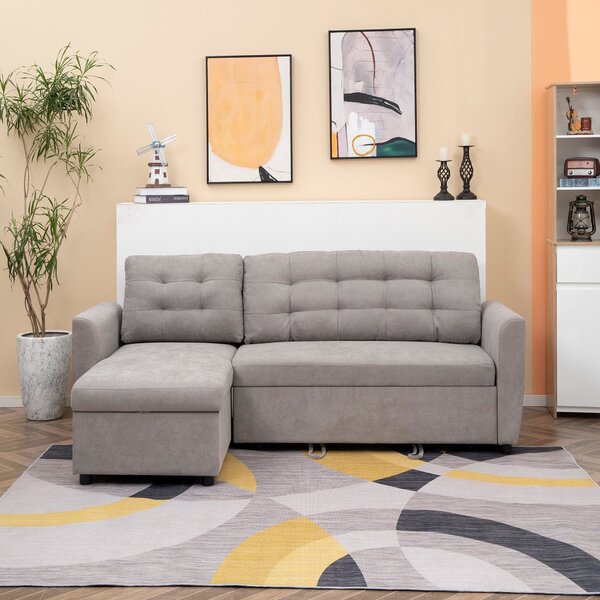 Canapea Extensibila pe Colt cu 3 Locuri si Compartiment de Depozitare, Tapiterie Efect In, Spatar cu perne 217x134x85cm, Gri HOMCOM | Aosom Romania