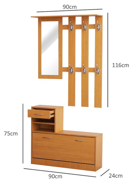 Mobilier Garderoba HOMCOM Dulap Pantofi Reglabil cu Oglinda si Cuier 6 carlige pentru Hol si Dormitor 90x22x116cm Lemn | Aosom Romania