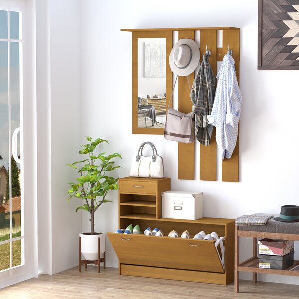 Mobilier Garderoba HOMCOM Dulap Pantofi Reglabil cu Oglinda si Cuier 6 carlige pentru Hol si Dormitor 90x22x116cm Lemn | Aosom Romania