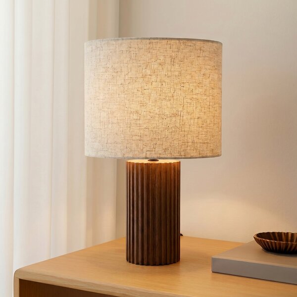 Lindby Lampa de masă Kimiko, înălțime 38 cm, lemn nuc, material textil, Lemn, Camera de zi / sufragerie, Țesătură / Textil, Scandinavă