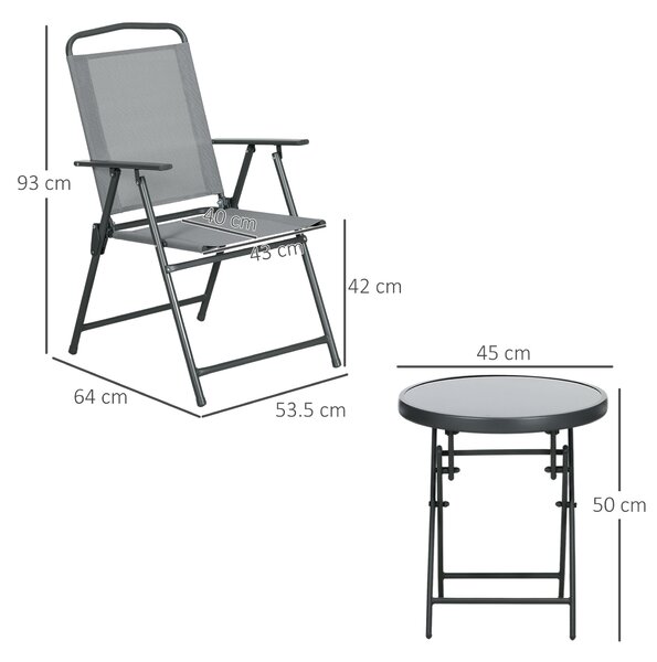 Outsunny Set de Exterior din 3 Piese cu Masă cu Blat din Sticlă și 2 Scaune Pliabile din Plasă, Ф45x50 cm, Gri Deschis | Aosom Romania
