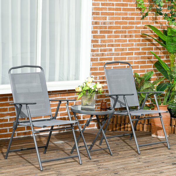 Outsunny Set de Exterior din 3 Piese cu Masă cu Blat din Sticlă și 2 Scaune Pliabile din Plasă, Ф45x50 cm, Gri Deschis | Aosom Romania