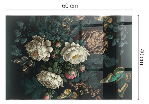 Placă dreptunghiulară din sticlă pentru șemineu Motiv floral cu fluturi