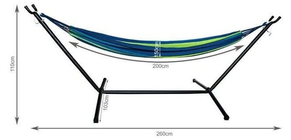 Hamac dublu cu suport metalic, multicolor, 200x150 cm, greutate maxima 200 kg, husa depozitare inclusa