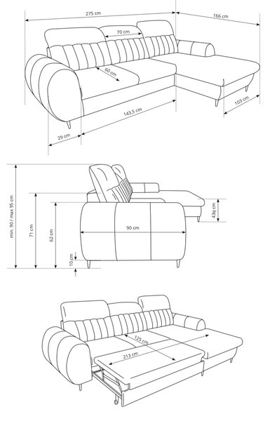 Colțar ~BIANCA~ extensibil cu ladă de depozitare, picioare înalte, 275/166 cm, extensia 130/200 cm Gri deschis Tesatura de tip velvet(valur) Dreapta