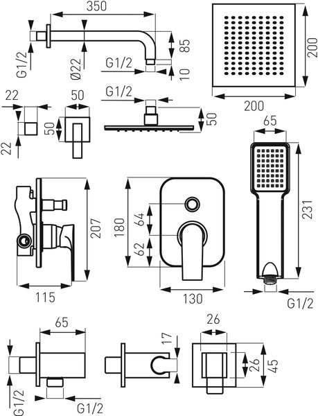 Ferro Algeo Square set de duș ascuns cu duș de ploaie crom BAQ7P-SET1-S