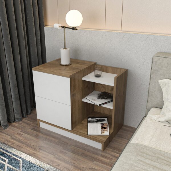 Noptiera Rena - Alb, Walnut