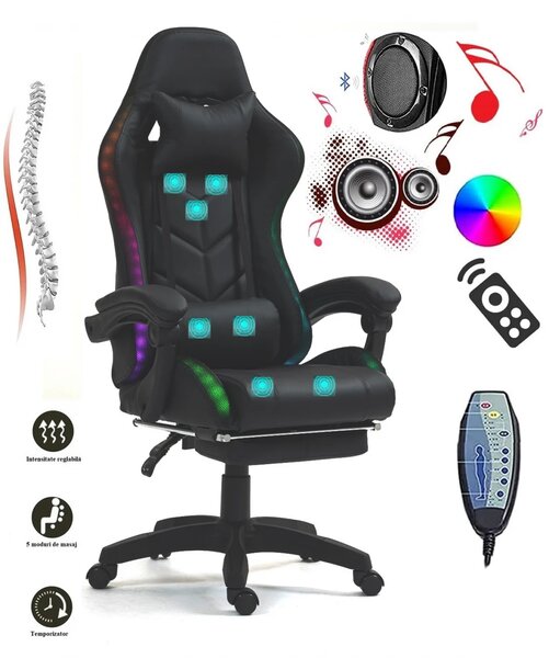 ALFORD Scaun gaming cu Masaj in 5 puncte, Perna lombara cu Masaj, Sistem iluminare banda LED RGB, Boxe Bluetooth, suport picioare, PU, Negru