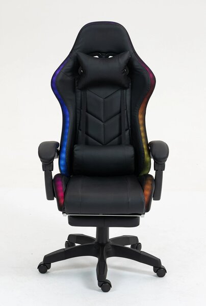 ALFORD Scaun gaming cu Masaj in 5 puncte, Perna lombara cu Masaj, Sistem iluminare banda LED RGB, Boxe Bluetooth, suport picioare, PU, Negru