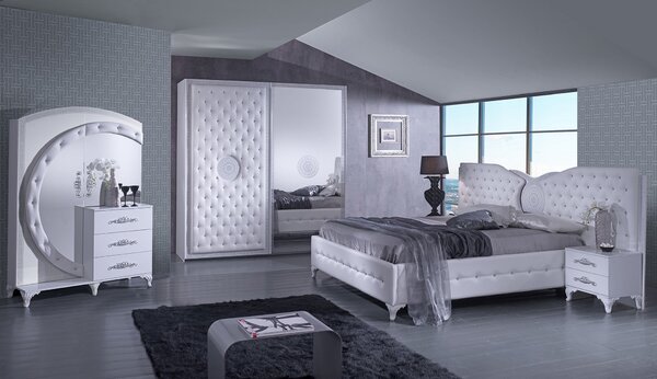 Set dormitor ANTALIA, alb/argintiu, pat 160x200 cm cu somiera fixa, du