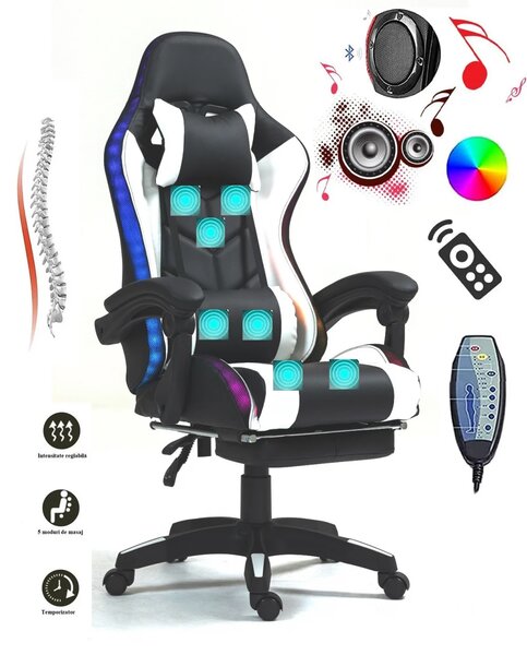ALFORD Scaun gaming cu Masaj in 5 puncte, Perna lombara cu Masaj, Sistem iluminare banda LED RGB, Boxe Bluetooth, suport picioare, PU, Negru/Alb