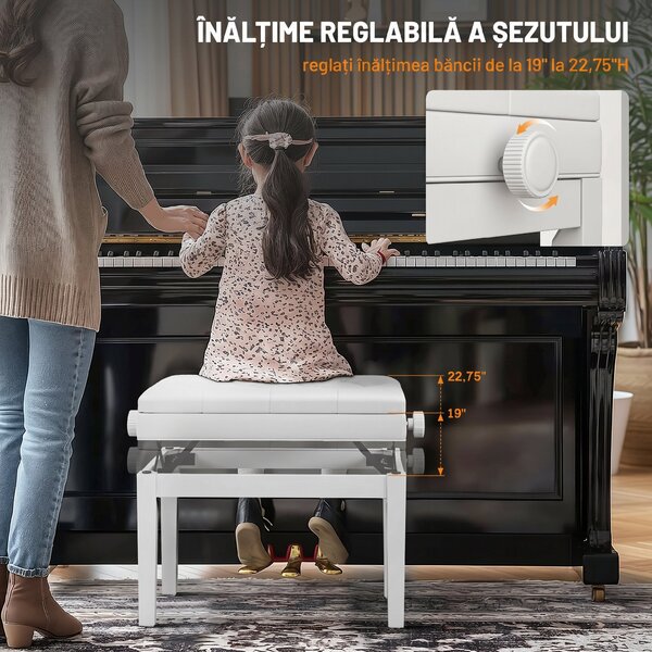 Scaun de Pian HOMCOM Reglabil cu Compartiment de Depozitare și Scaun Imbunătățit, 54.5x33x48-58 cm, Alb | Aosom Romania