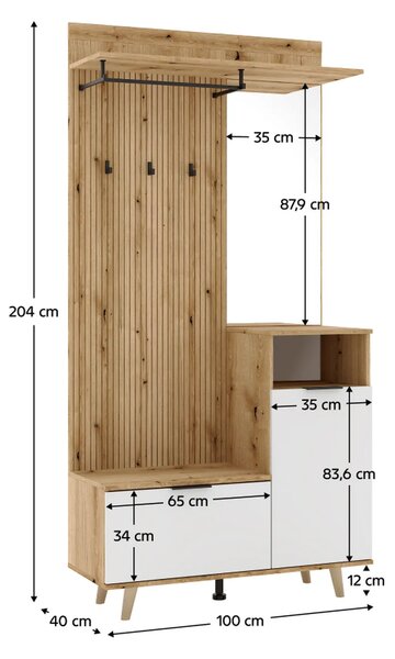 Mobiler hol NODRI, stejar evoke/alb, DTD laminat, 100x40x204 cm