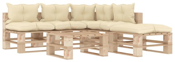 Set mobilier de grădină din paleți cu perne crem, 6 piese, lemn