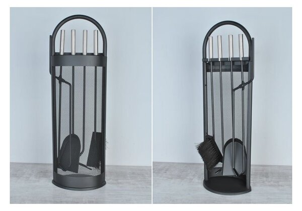 Set accesorii semineu, otel, cleste, carlig, perie, lopata, suport depozitare, negru