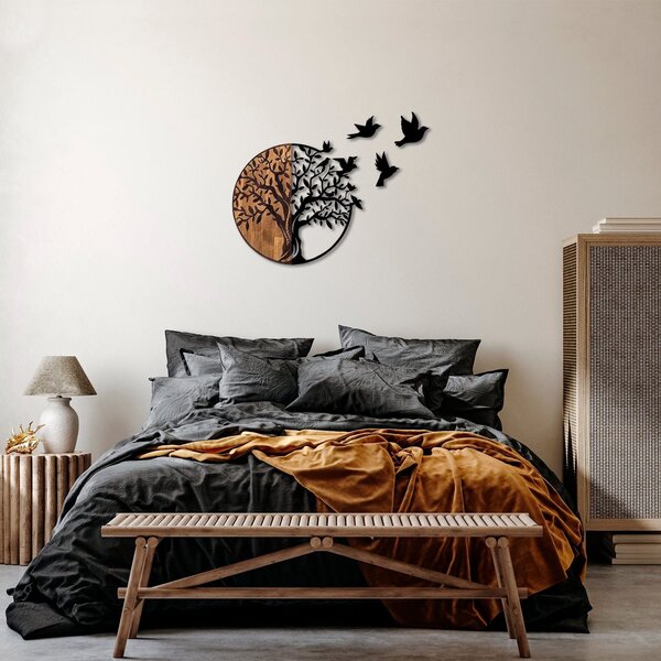 Decoratiune perete TREE AND BIRDS 322, negru/nuc, metal/lemn, 92x3x71