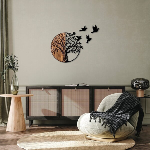 Decoratiune perete TREE AND BIRDS 322, negru/nuc, metal/lemn, 92x3x71