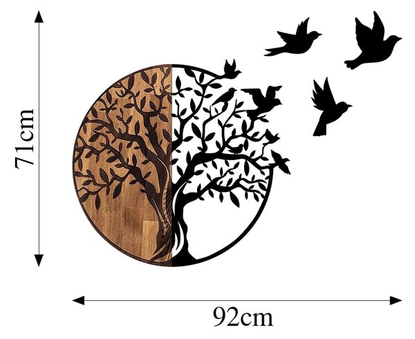 Decoratiune perete TREE AND BIRDS 322, negru/nuc, metal/lemn, 92x3x71