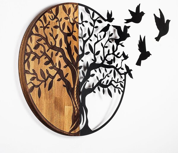 Decoratiune perete TREE AND BIRDS 322, negru/nuc, metal/lemn, 92x3x71