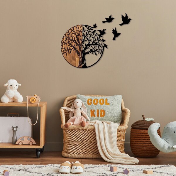 Decoratiune perete TREE AND BIRDS 322, negru/nuc, metal/lemn, 92x3x71